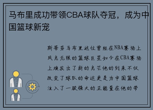 马布里成功带领CBA球队夺冠，成为中国篮球新宠